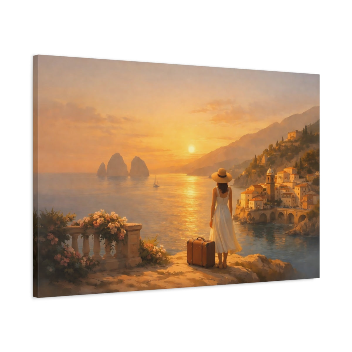 Golden Glow Italian Coast Coastal Village Vintage - Canvas Wall Art Print