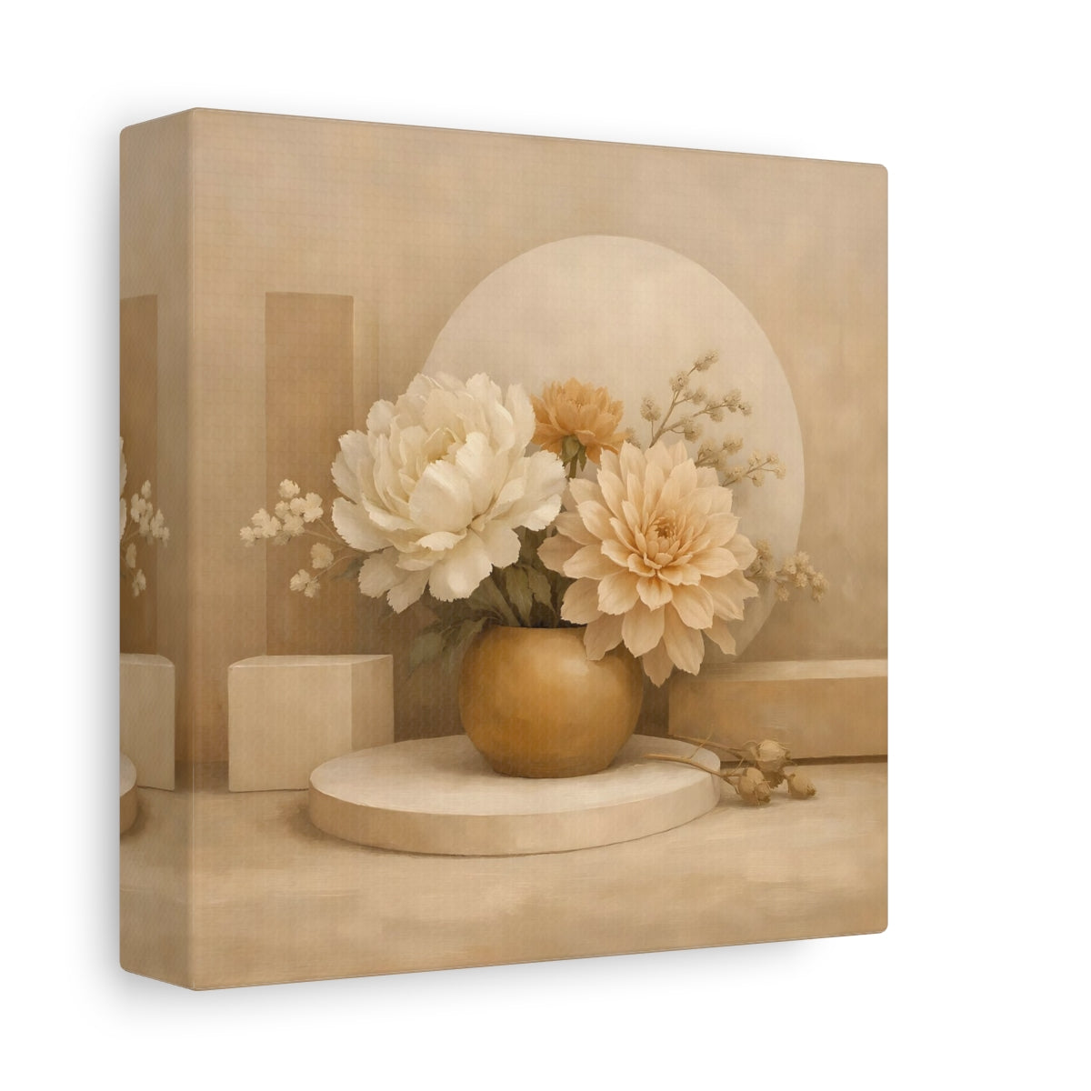 Side Mockup 1. Floral Floral Arrangement Beige And Cream shown as stretched canvas wall art