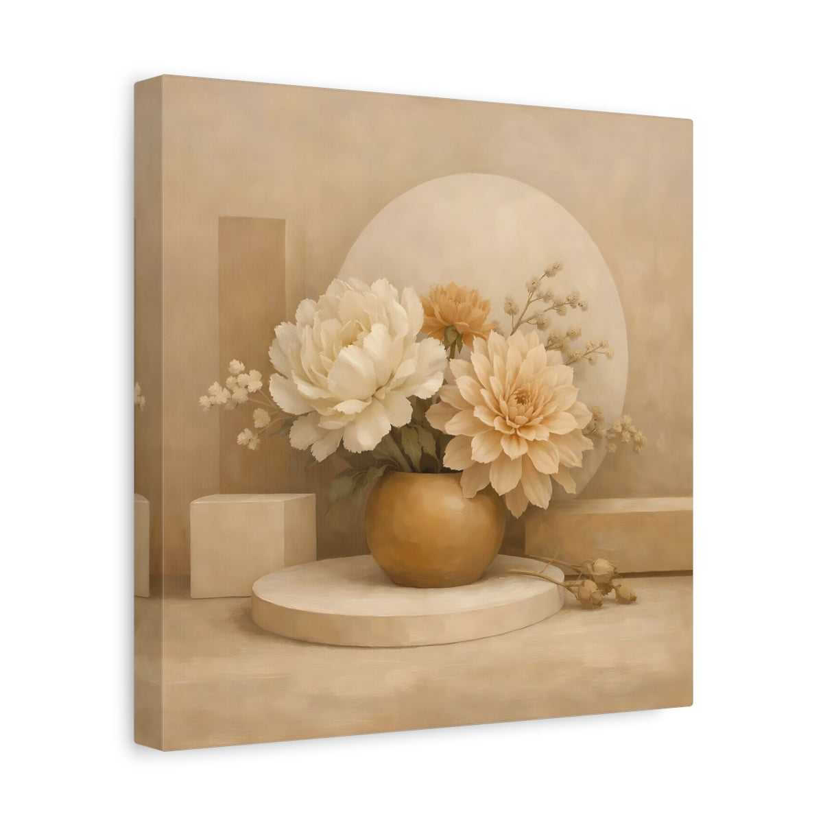 Side Mockup 8. Floral Floral Arrangement Beige And Cream shown as stretched canvas wall art