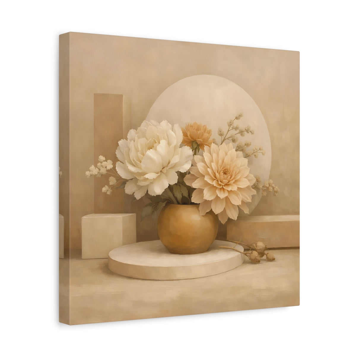 Side Mockup 7. Floral Floral Arrangement Beige And Cream shown as stretched canvas wall art