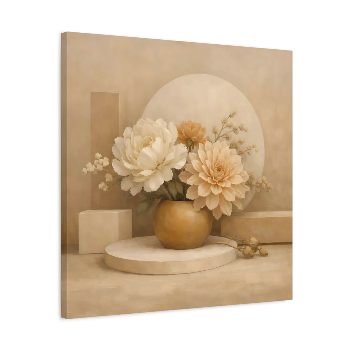 Side Mockup 4. Floral Floral Arrangement Beige And Cream shown as stretched canvas wall art