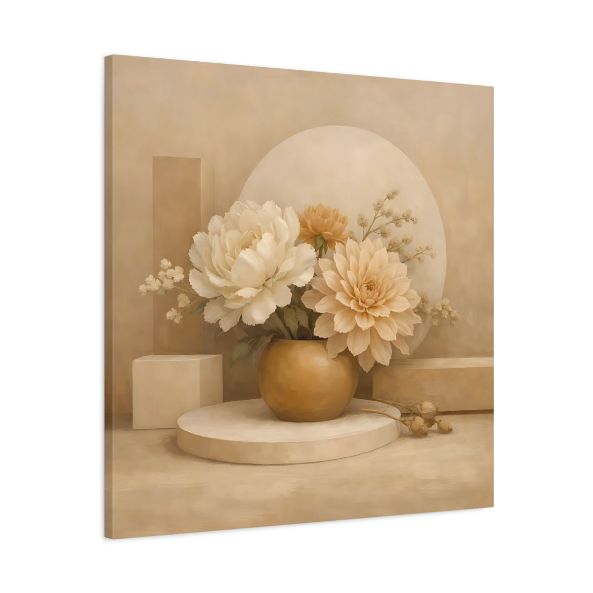Side Mockup 3. Floral Floral Arrangement Beige And Cream shown as stretched canvas wall art