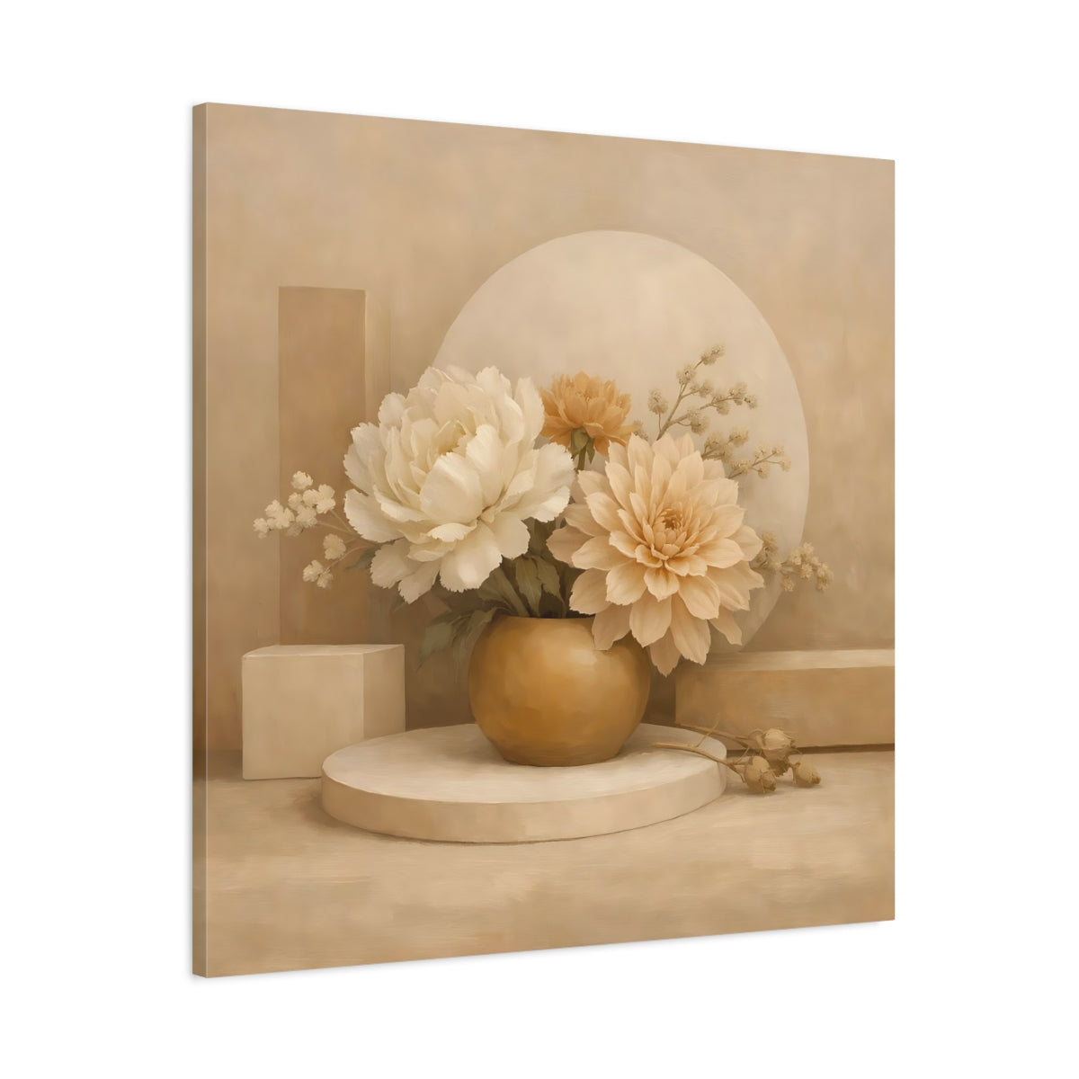 Side Mockup 2. Floral Floral Arrangement Beige And Cream shown as stretched canvas wall art