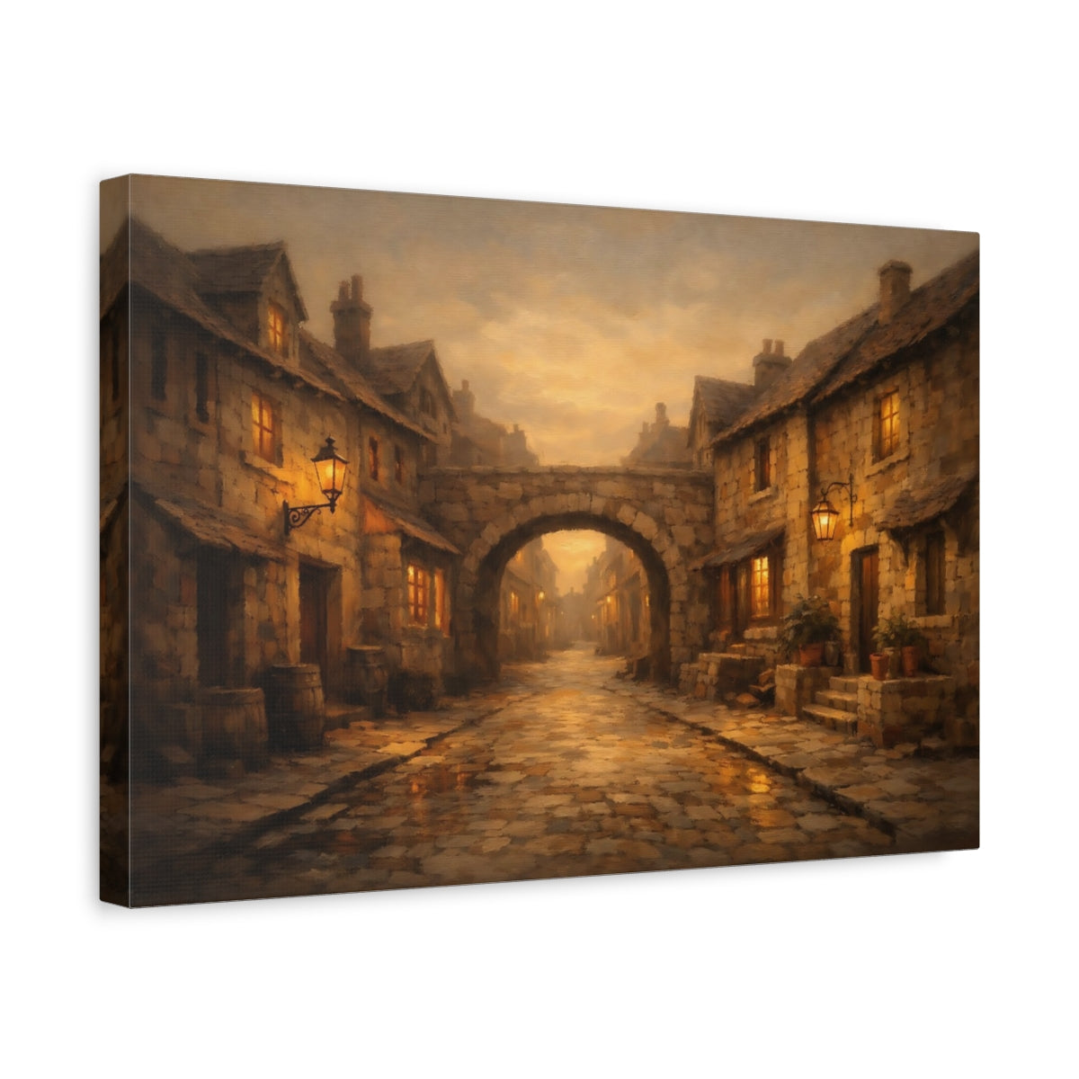 Side Mockup 4. Vintage Village Street Warm Village Street shown as stretched canvas wall art