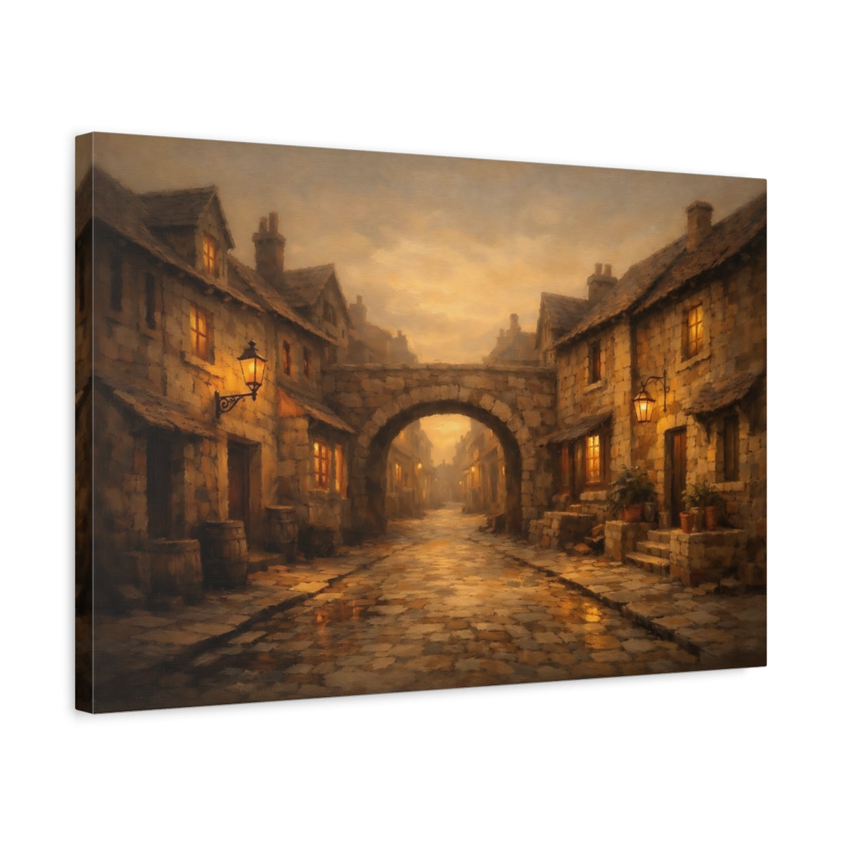 Side Mockup 3. Vintage Village Street Warm Village Street shown as stretched canvas wall art