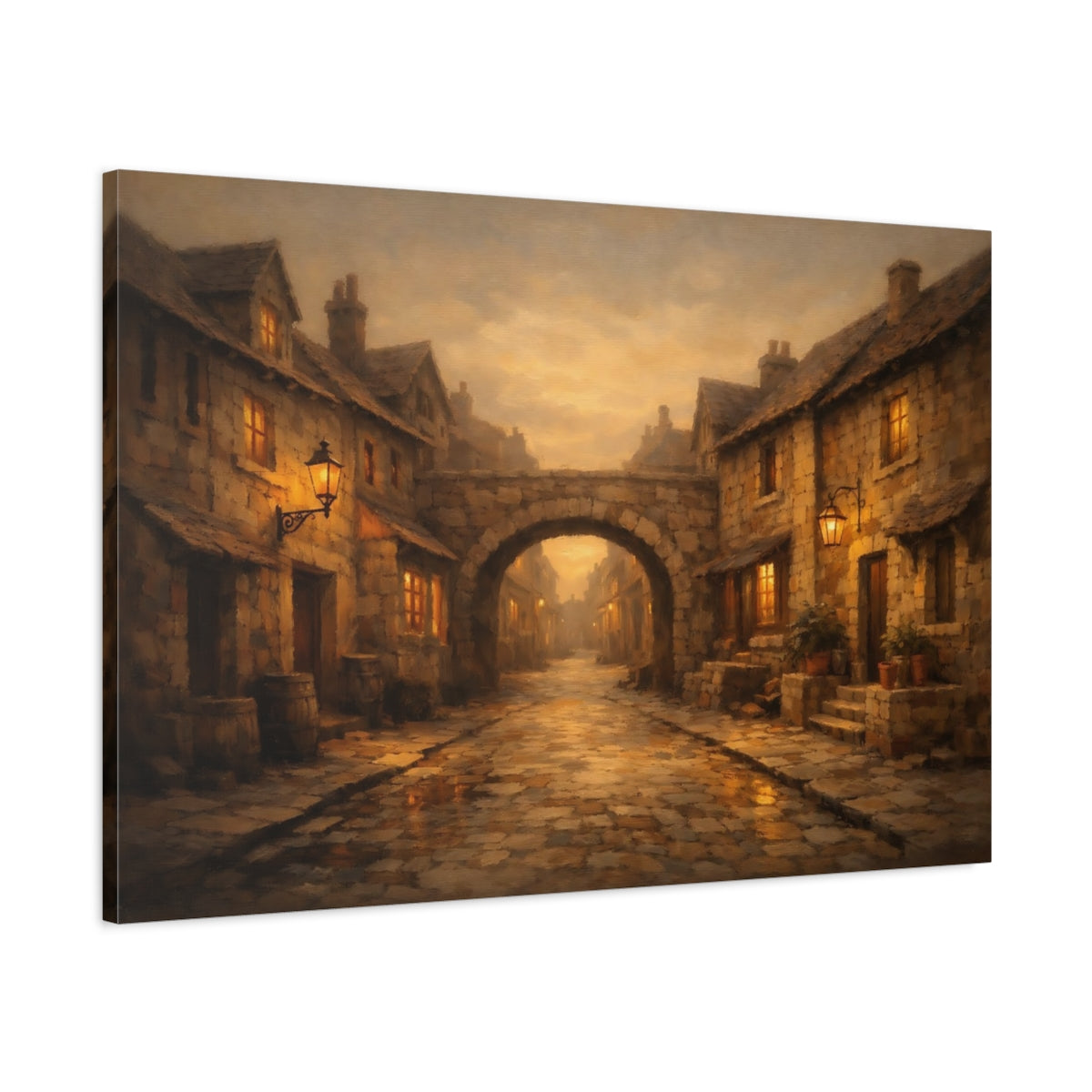 Side Mockup 1. Vintage Village Street Warm Village Street shown as stretched canvas wall art