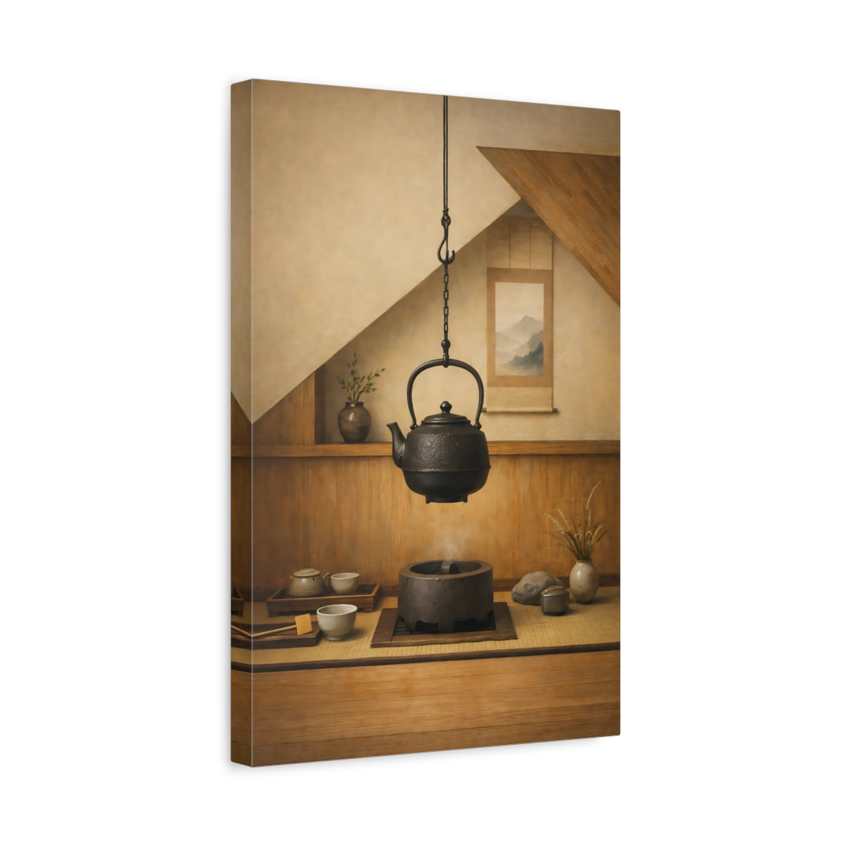 Side Mockup 4. Vintage Japanese Kettle Brown And Black Zen shown as stretched canvas wall art