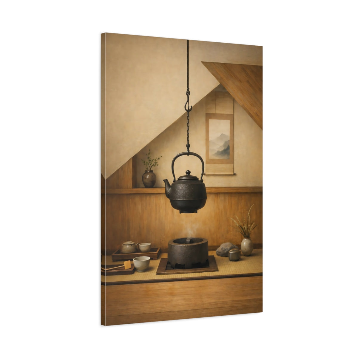 Side Mockup 1. Vintage Japanese Kettle Brown And Black Zen shown as stretched canvas wall art