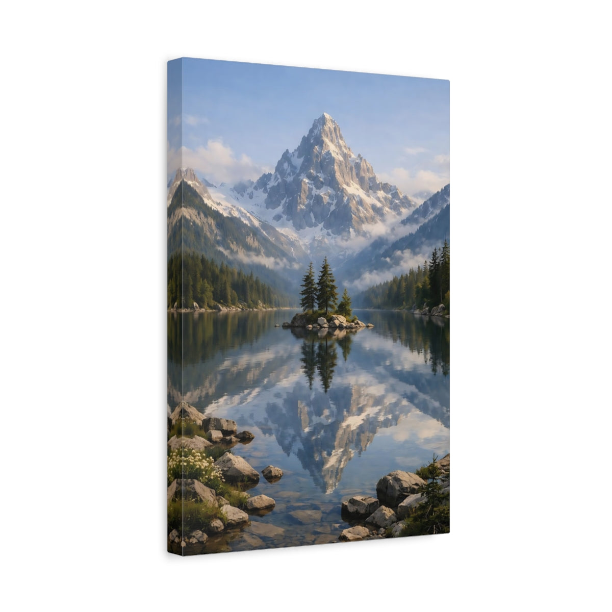 Side Mockup 4. Nature Snowy Mountain Snowy Mountain Lake shown as stretched canvas wall art