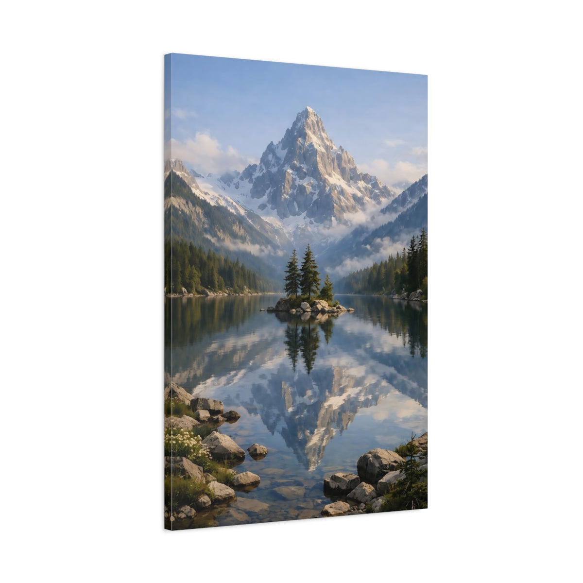 Side Mockup 1. Nature Snowy Mountain Snowy Mountain Lake shown as stretched canvas wall art