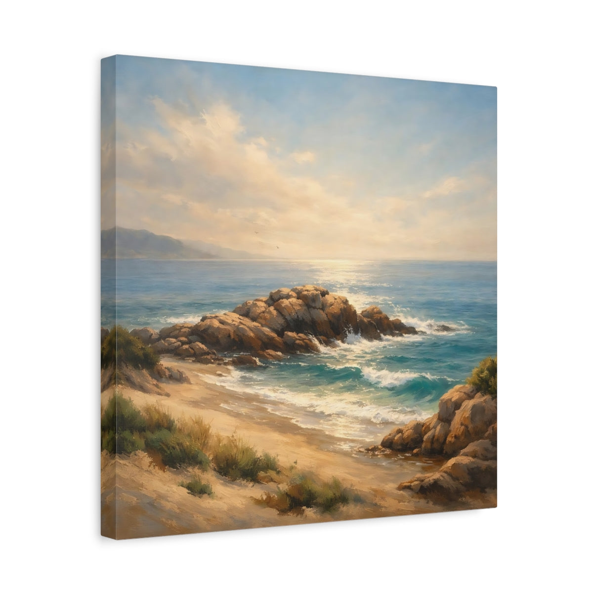 Side Mockup 6. Nature Rocky Beach Beach Landscape shown as stretched canvas wall art