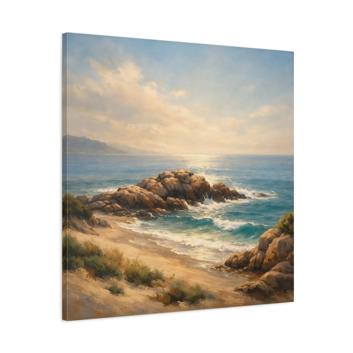 Side Mockup 3. Nature Rocky Beach Beach Landscape shown as stretched canvas wall art