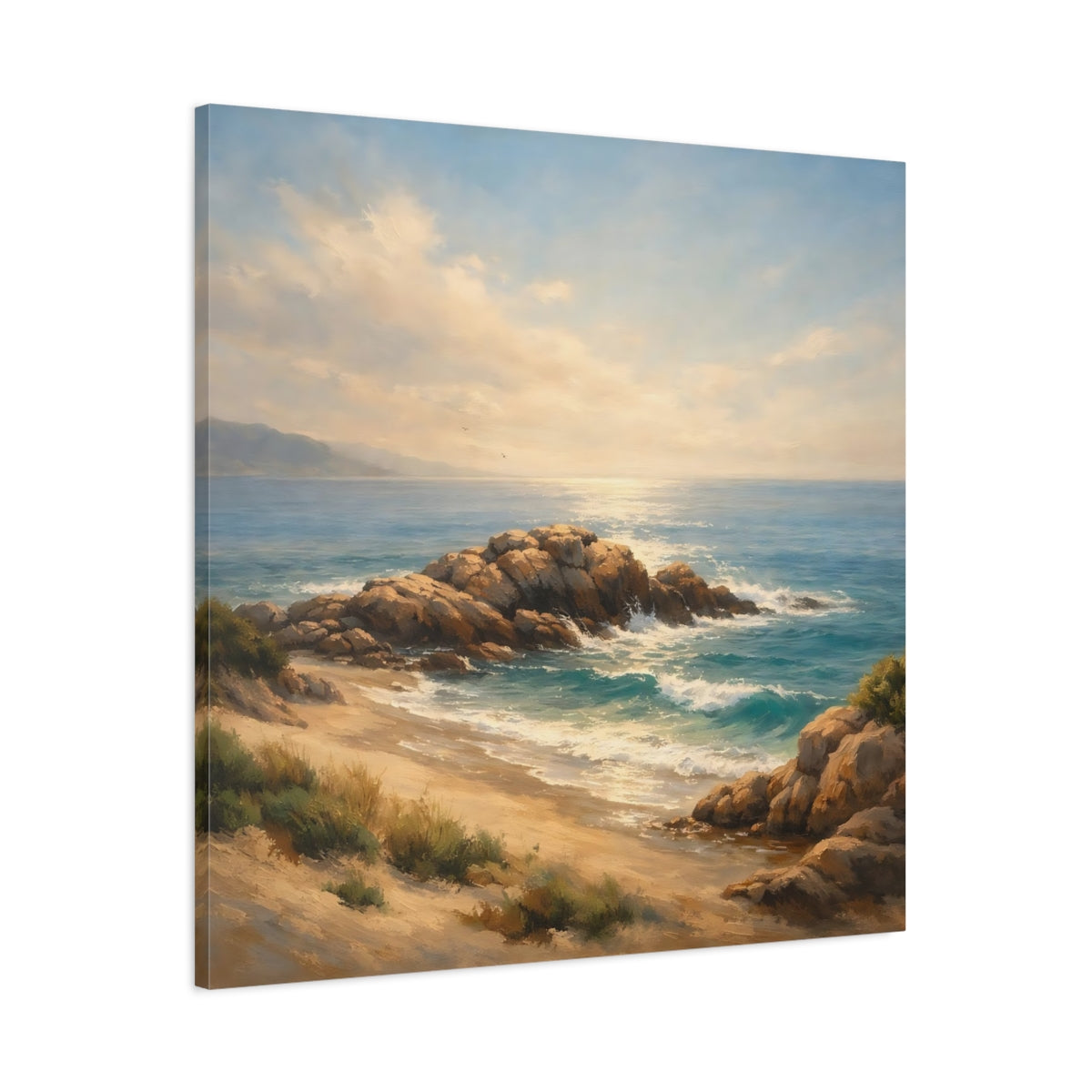 Side Mockup 2. Nature Rocky Beach Beach Landscape shown as stretched canvas wall art