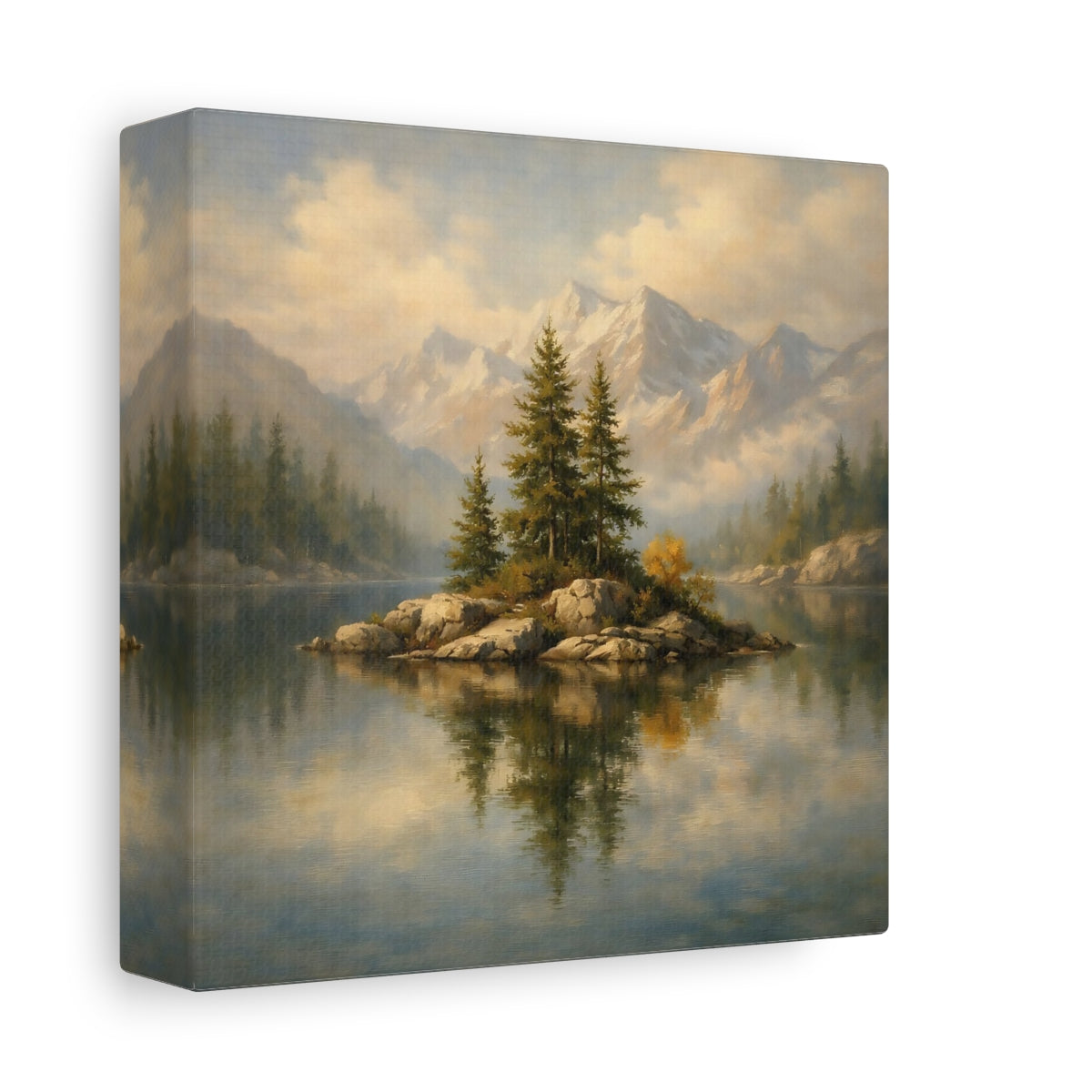 Side Mockup 1. Nature Pine Island Pine Lake Mountain shown as stretched canvas wall art