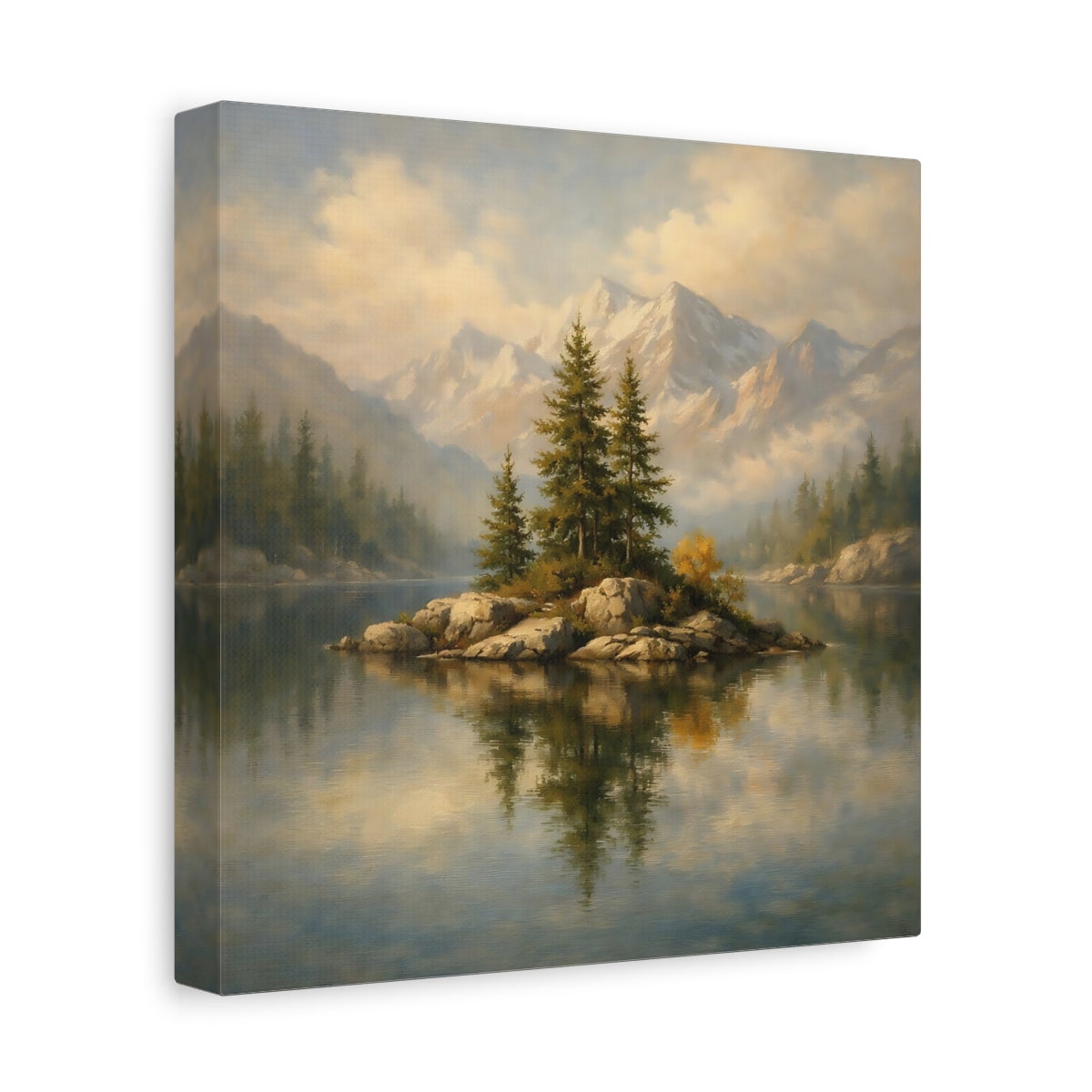 Side Mockup 9. Nature Pine Island Pine Lake Mountain shown as stretched canvas wall art