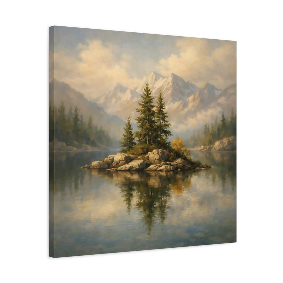 Side Mockup 4. Nature Pine Island Pine Lake Mountain shown as stretched canvas wall art