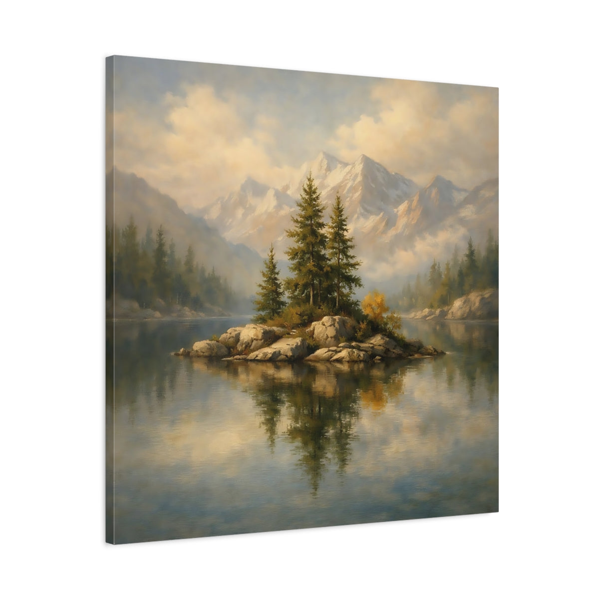 Side Mockup 3. Nature Pine Island Pine Lake Mountain shown as stretched canvas wall art