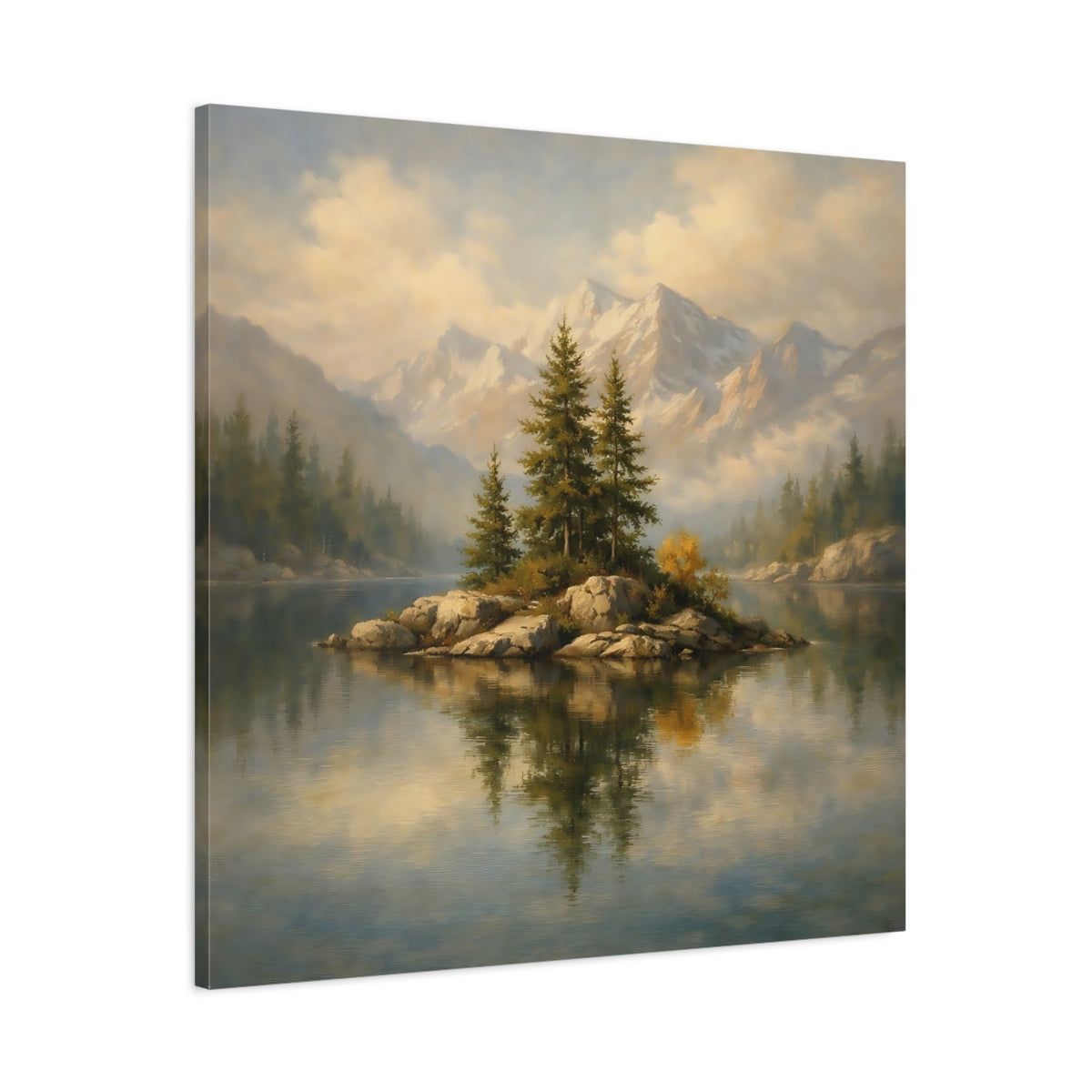 Side Mockup 2. Nature Pine Island Pine Lake Mountain shown as stretched canvas wall art