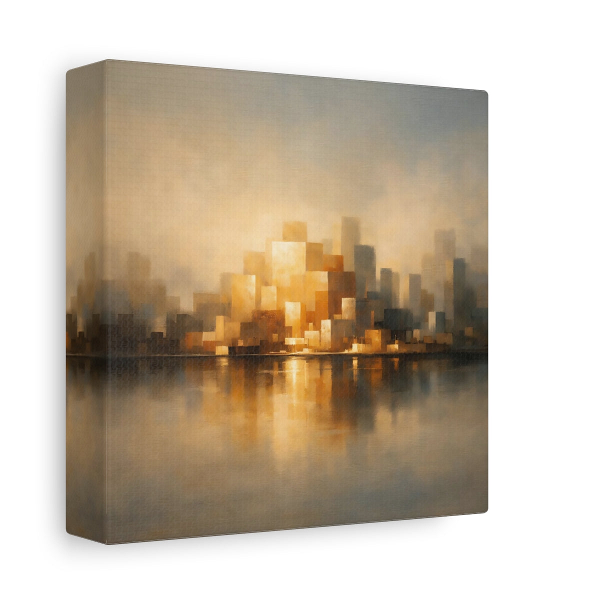 Side Mockup 1. Abstract Cityscape Golden Cityscape shown as stretched canvas wall art