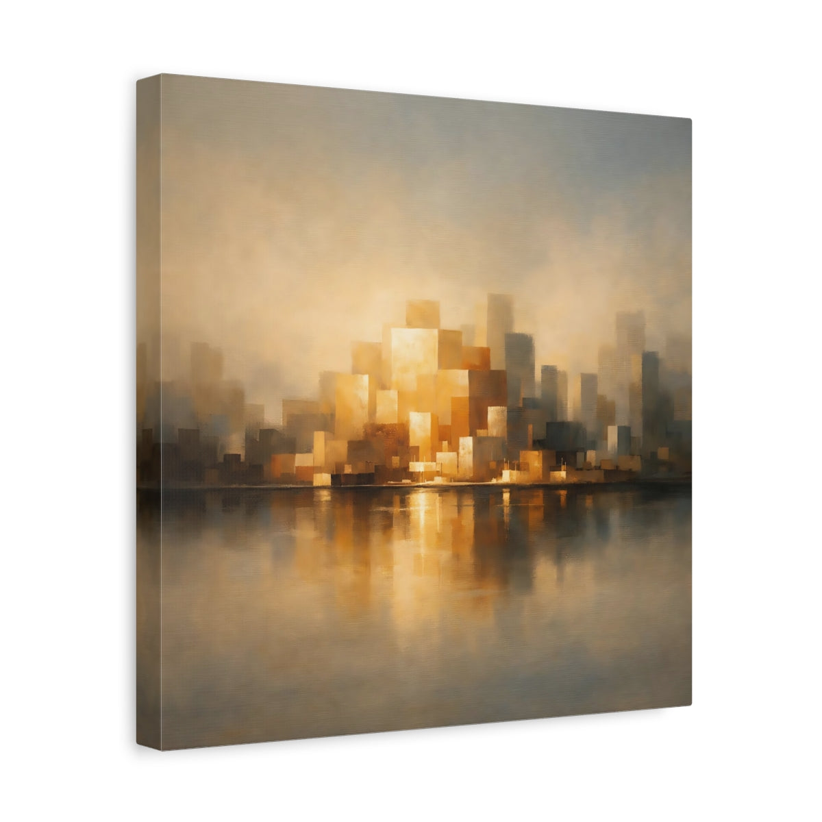 Side Mockup 7. Abstract Cityscape Golden Cityscape shown as stretched canvas wall art