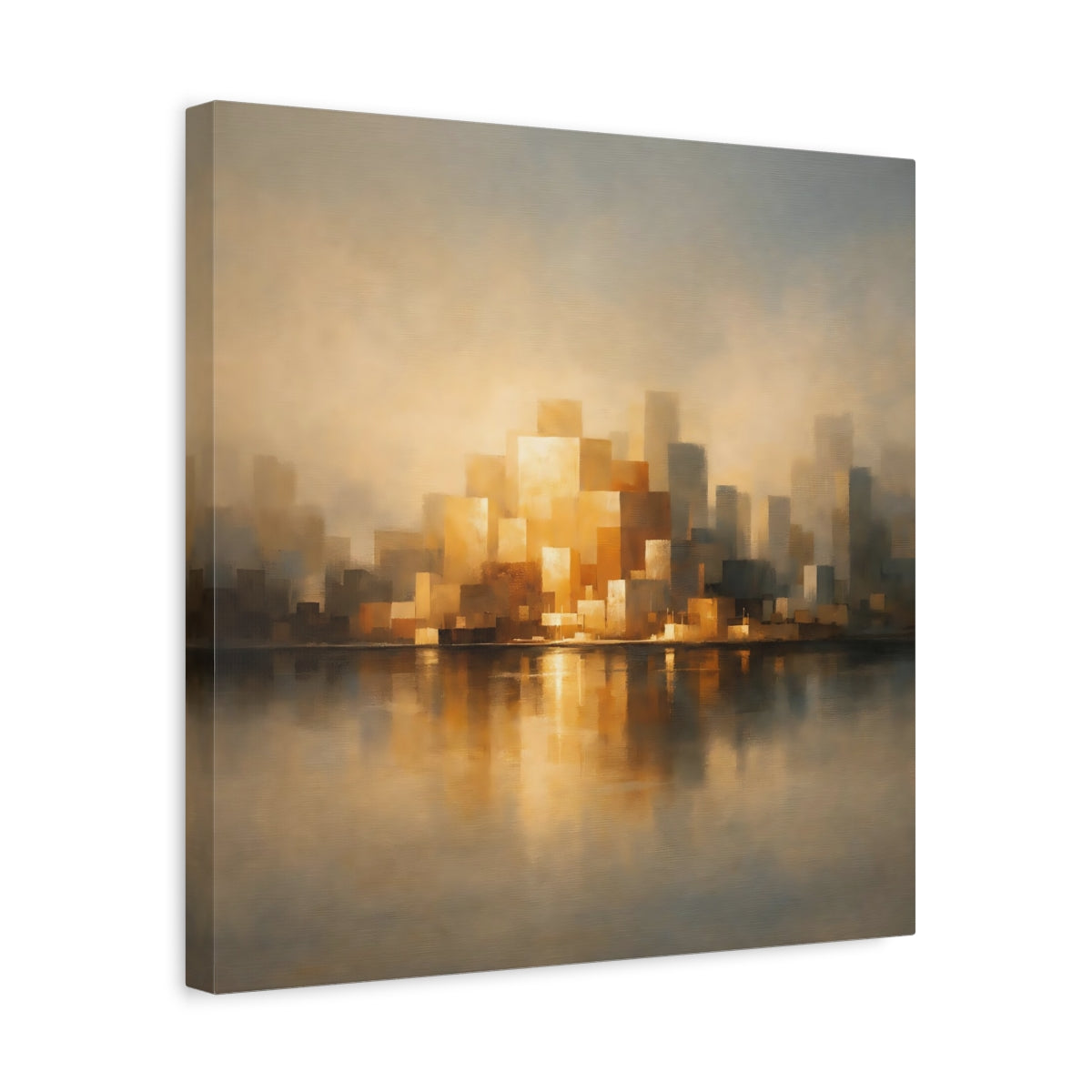 Side Mockup 6. Abstract Cityscape Golden Cityscape shown as stretched canvas wall art