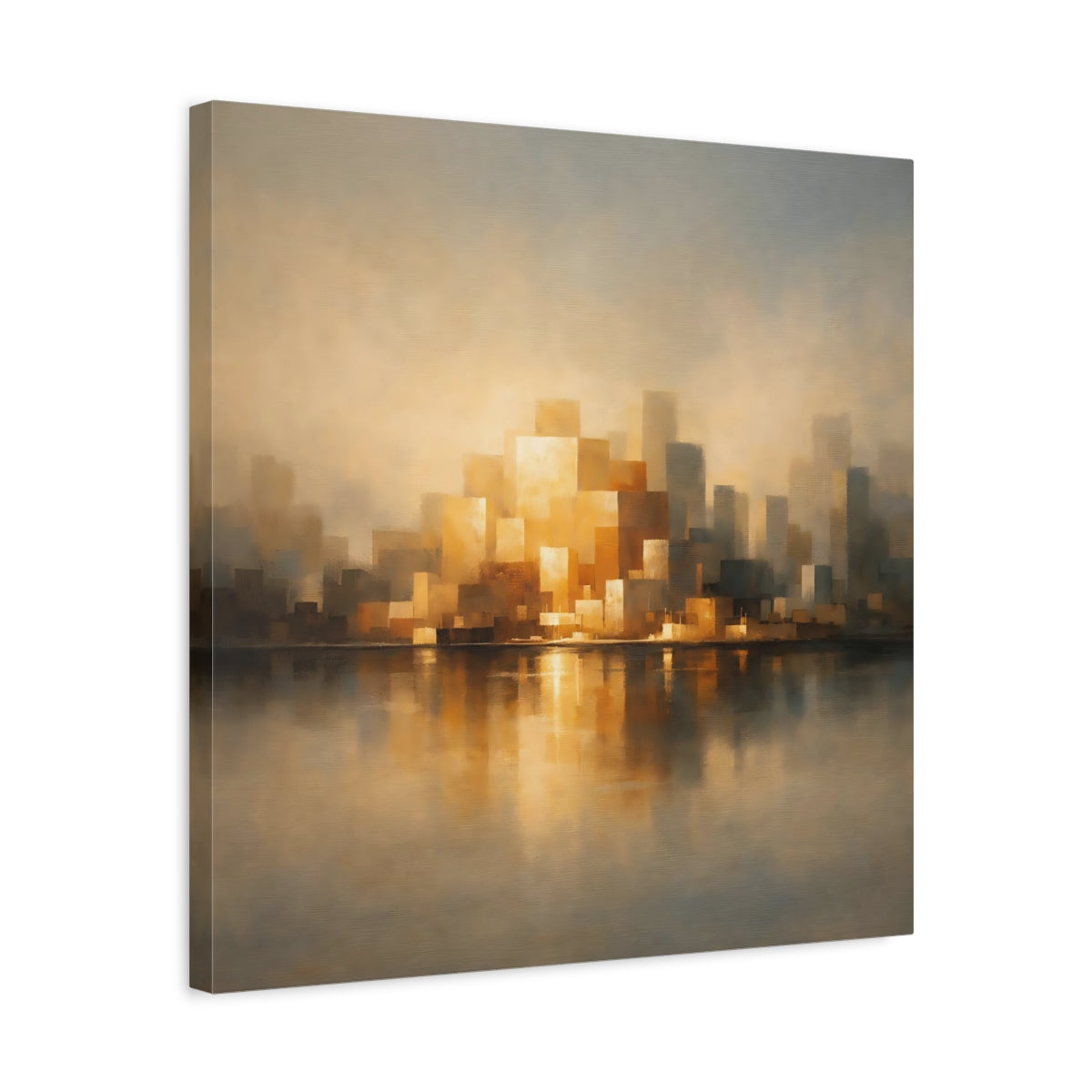 Side Mockup 5. Abstract Cityscape Golden Cityscape shown as stretched canvas wall art