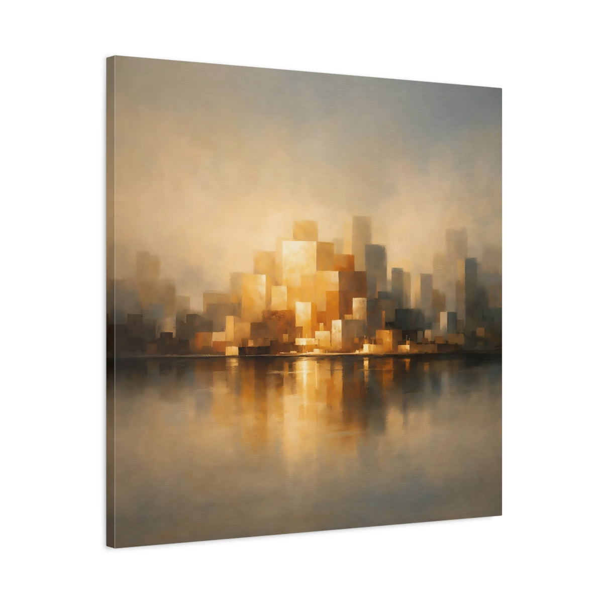 Side Mockup 3. Abstract Cityscape Golden Cityscape shown as stretched canvas wall art