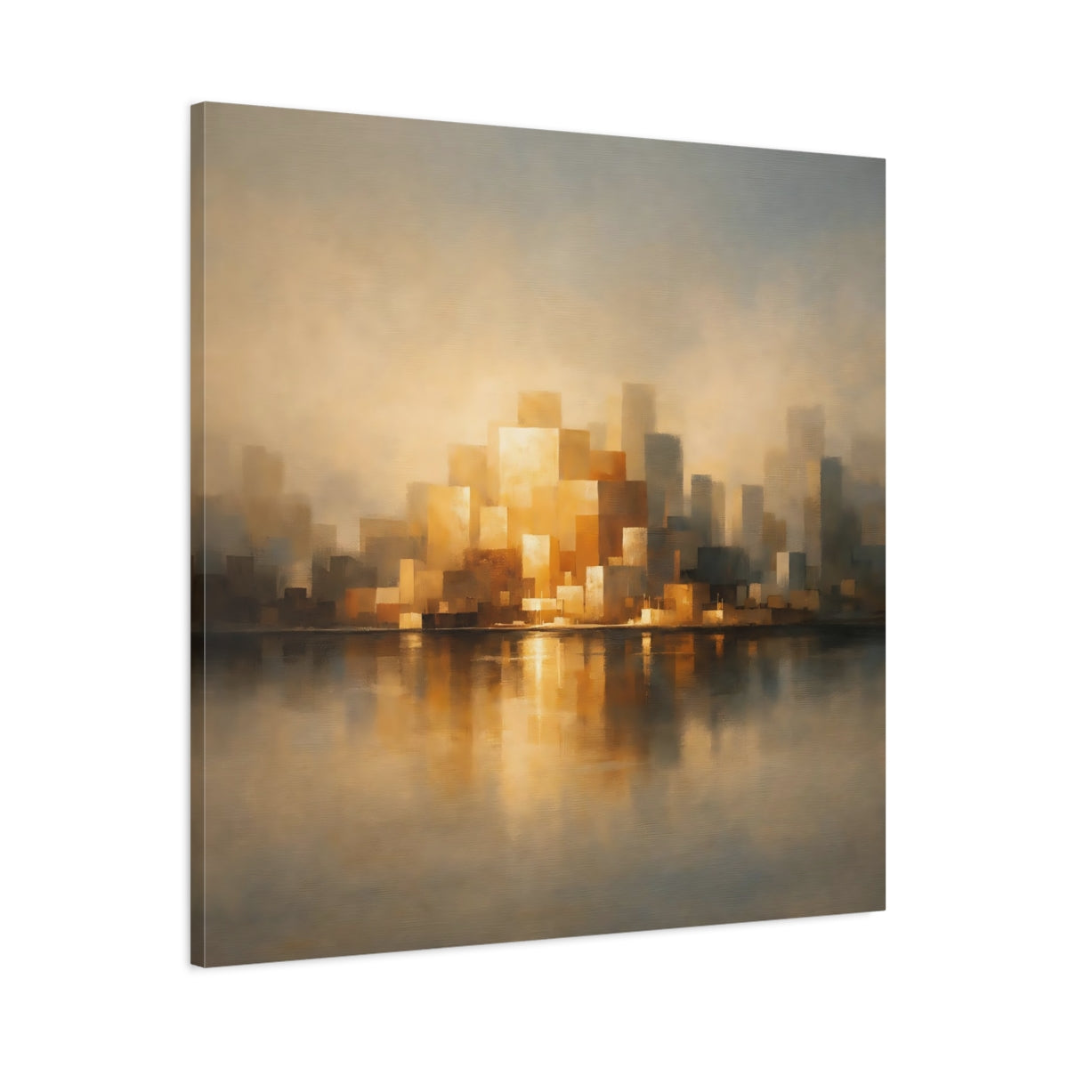 Side Mockup 2. Abstract Cityscape Golden Cityscape shown as stretched canvas wall art