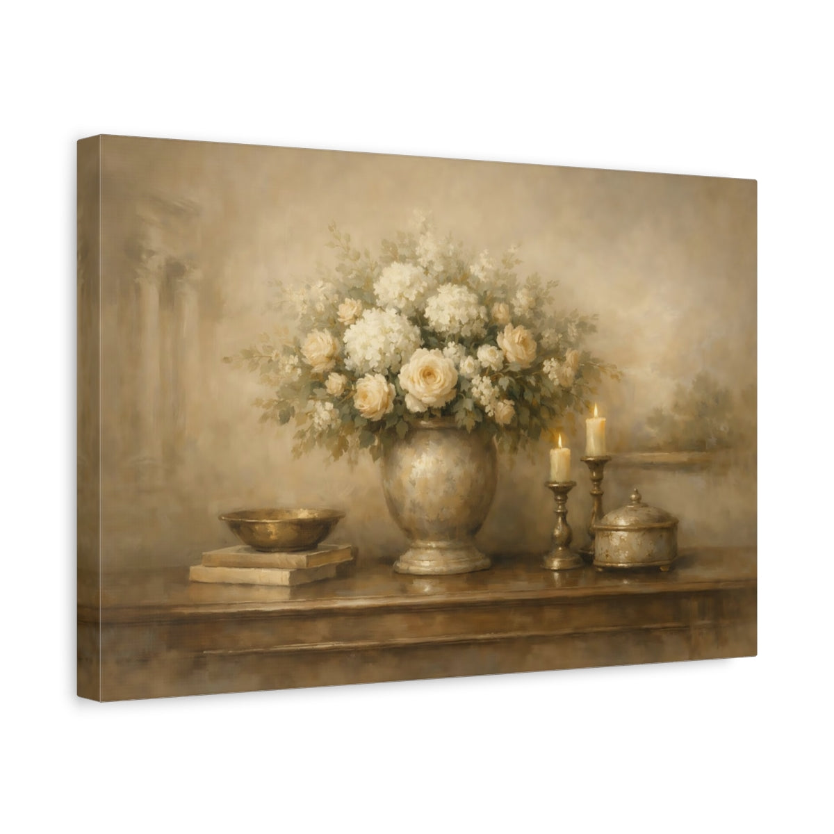 Side Mockup 4. Ethereal Warm Greige Interior Composition shown as stretched canvas wall art