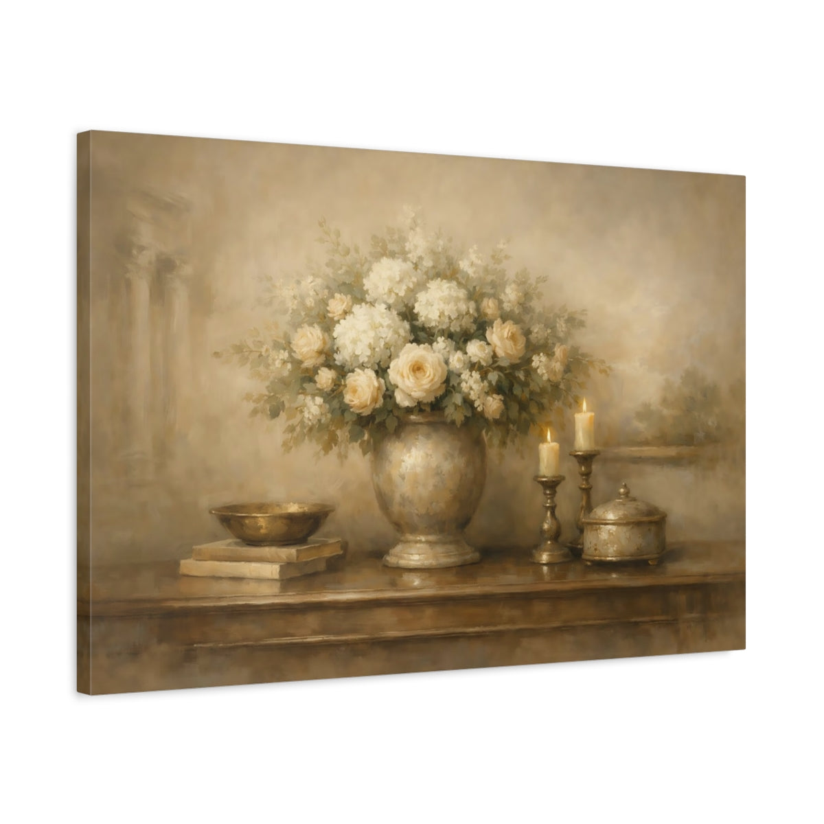 Side Mockup 2. Ethereal Warm Greige Interior Composition shown as stretched canvas wall art