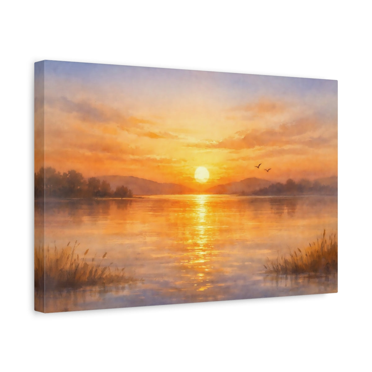 Aquarelle Coucher de Soleil Doré Lac Nature - Impression sur Toile