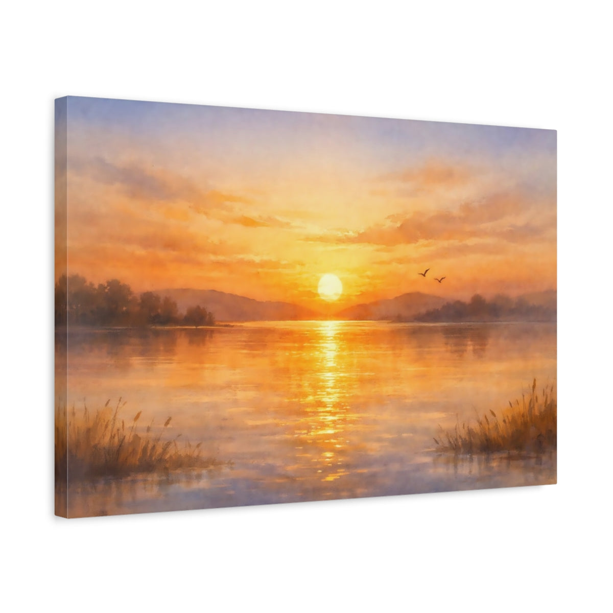 Aquarelle Coucher de Soleil Doré Lac Nature - Impression sur Toile