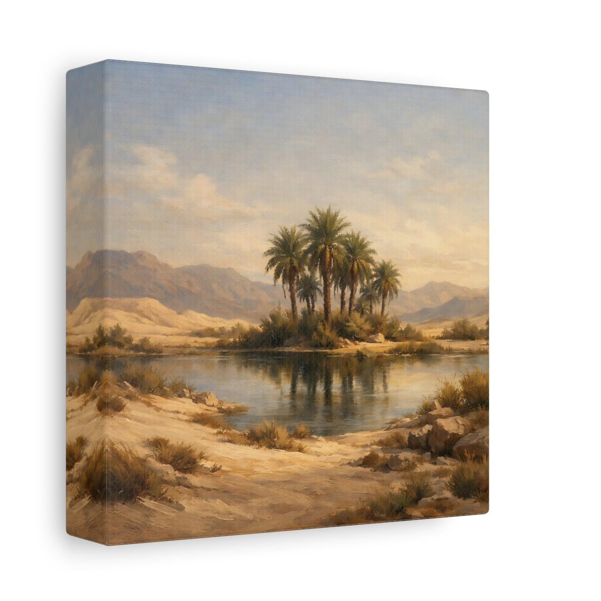 Side Mockup 1. Nature Desert Oasis Desert Oasis Landscape shown as stretched canvas wall art