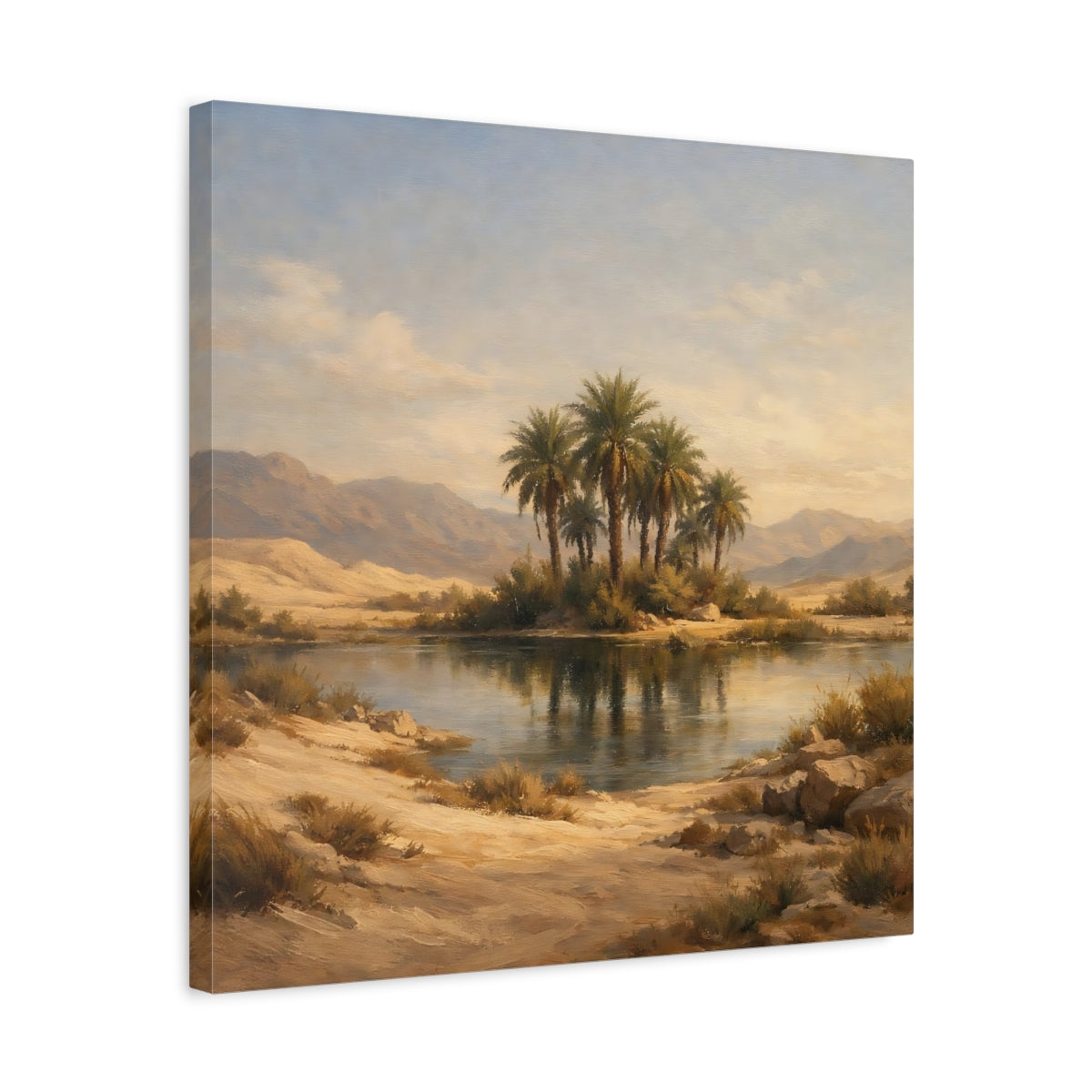 Side Mockup 5. Nature Desert Oasis Desert Oasis Landscape shown as stretched canvas wall art