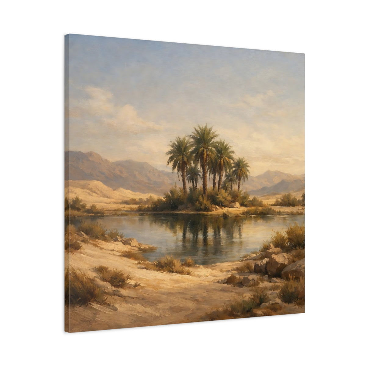 Side Mockup 3. Nature Desert Oasis Desert Oasis Landscape shown as stretched canvas wall art