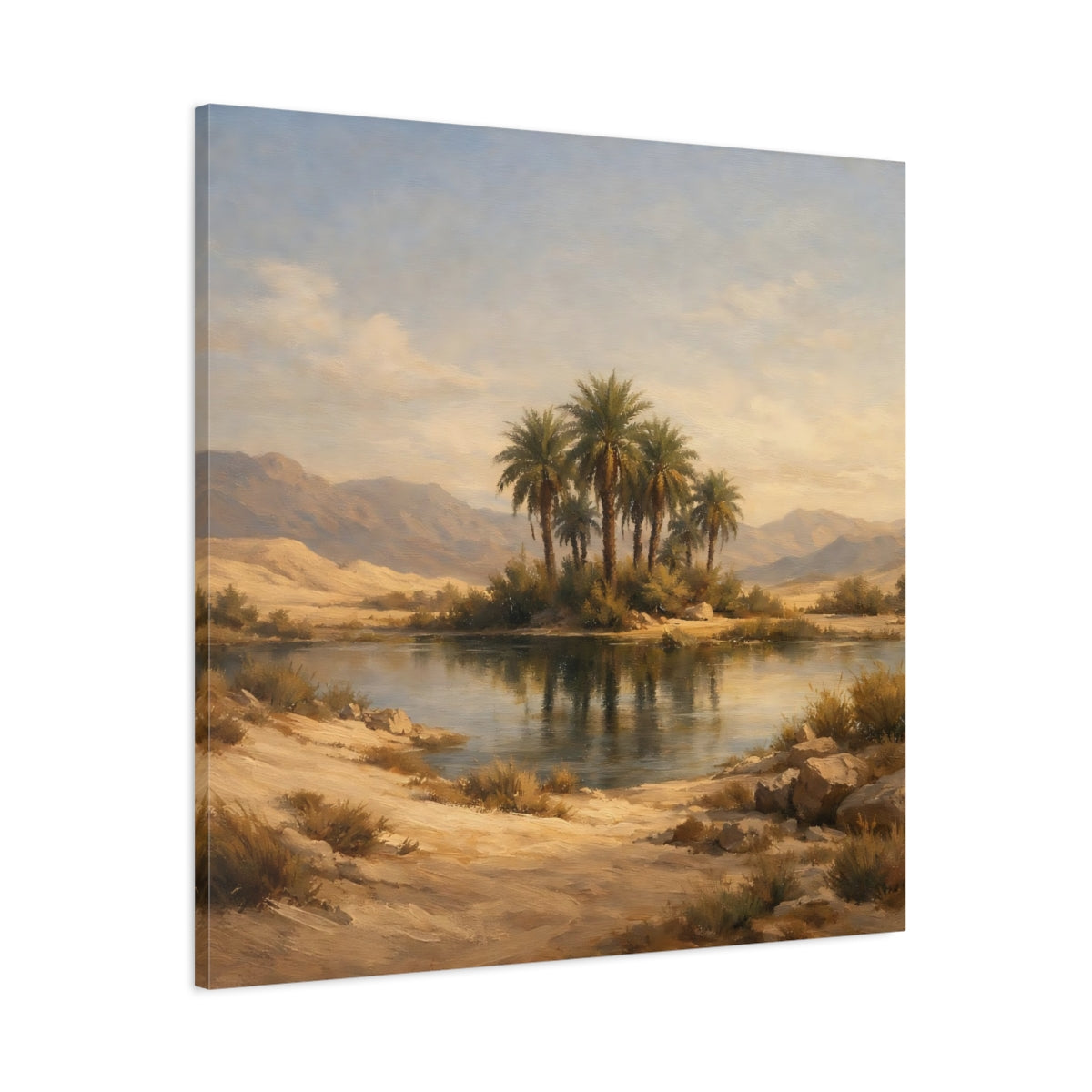 Side Mockup 2. Nature Desert Oasis Desert Oasis Landscape shown as stretched canvas wall art
