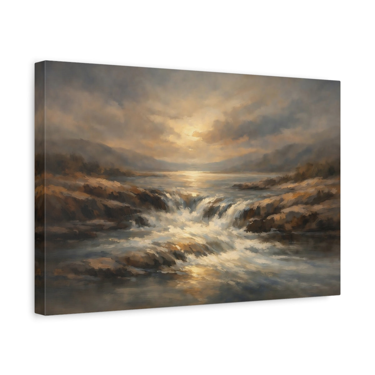 Side Mockup 4. Nature Waterfall Golden Brown Landscape shown as stretched canvas wall art