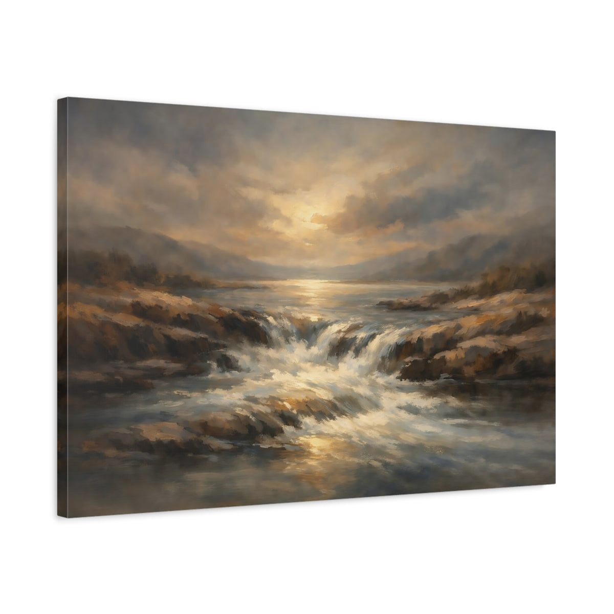 Side Mockup 2. Nature Waterfall Golden Brown Landscape shown as stretched canvas wall art