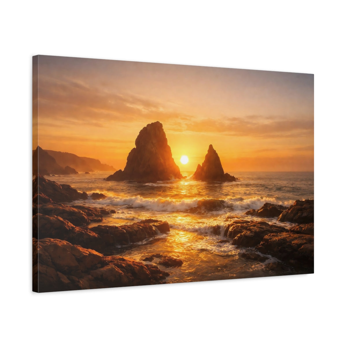 Golden Glow Sunset Coast Ocean Nature - Canvas Wall Art Print