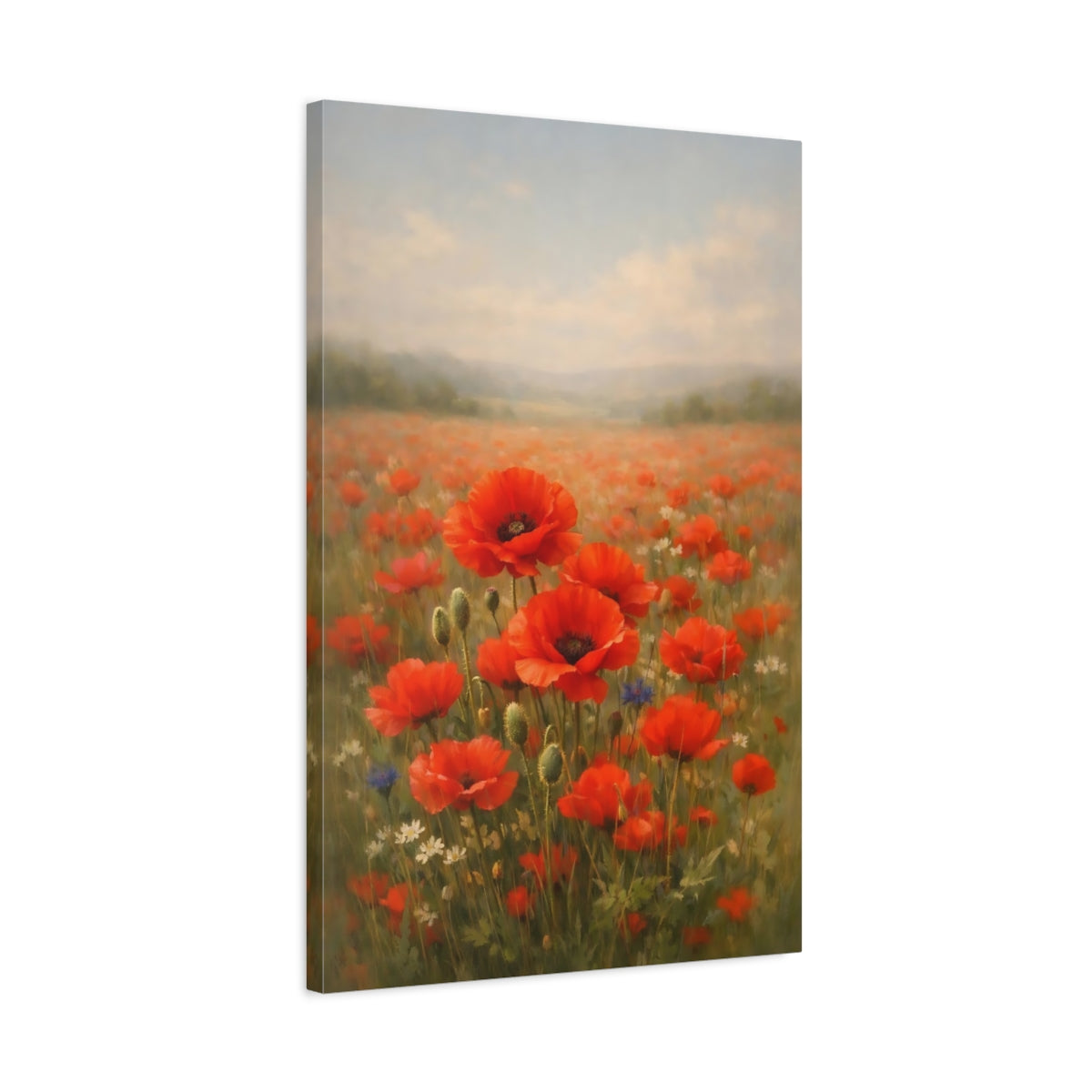 Side Mockup 2. Floral Poppies Red Poppy Field shown as stretched canvas wall art