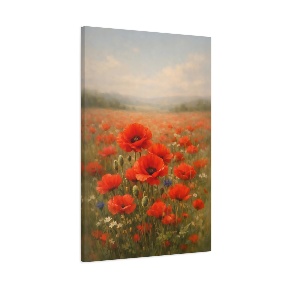Side Mockup 1. Floral Poppies Red Poppy Field shown as stretched canvas wall art