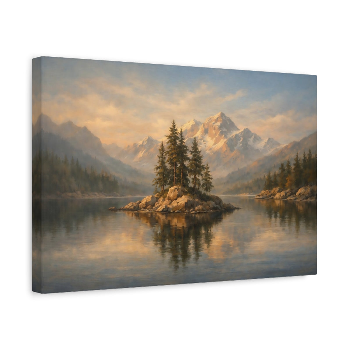 Side Mockup 4. Gallery Style Curtain Framed Light Scene shown as stretched canvas wall art