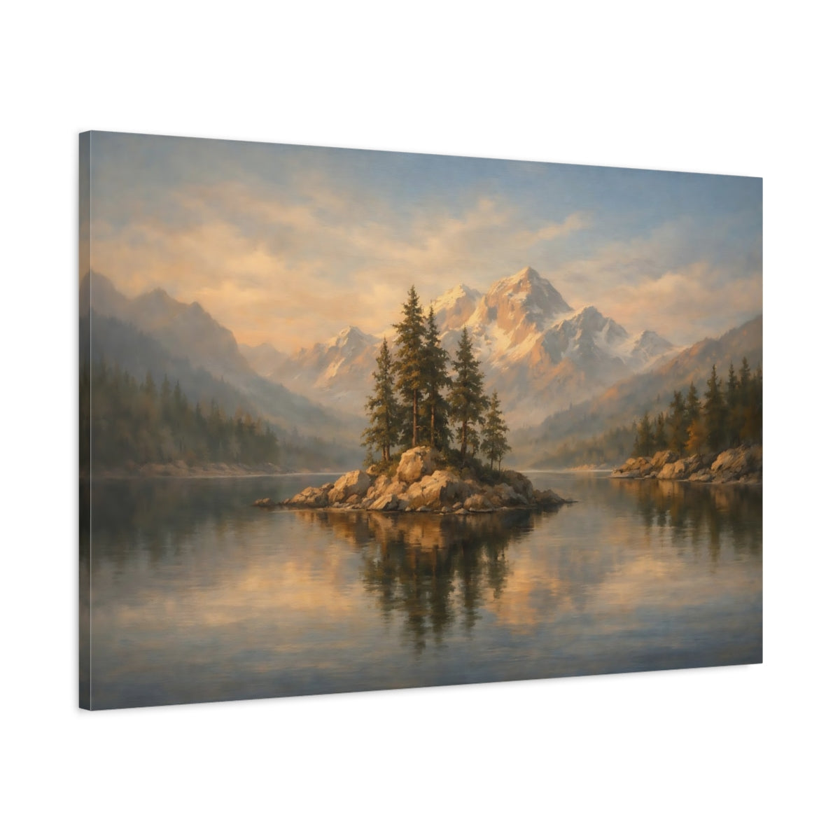 Side Mockup 1. Gallery Style Curtain Framed Light Scene shown as stretched canvas wall art