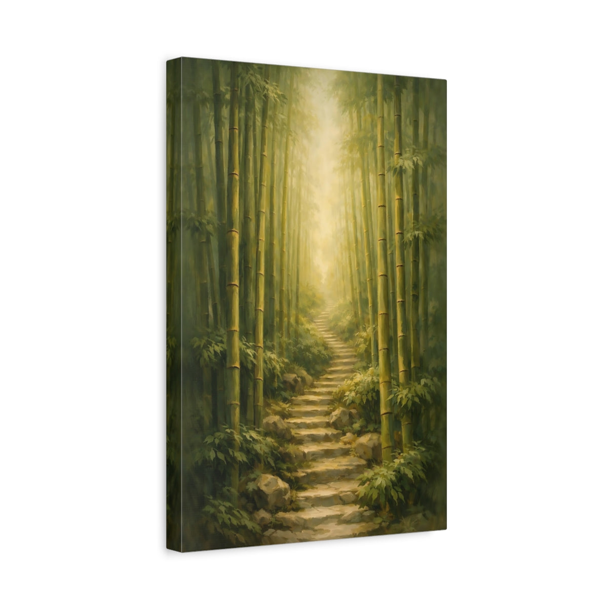 Side Mockup 4. Nature Bamboo Forest Green Bamboo Path shown as stretched canvas wall art