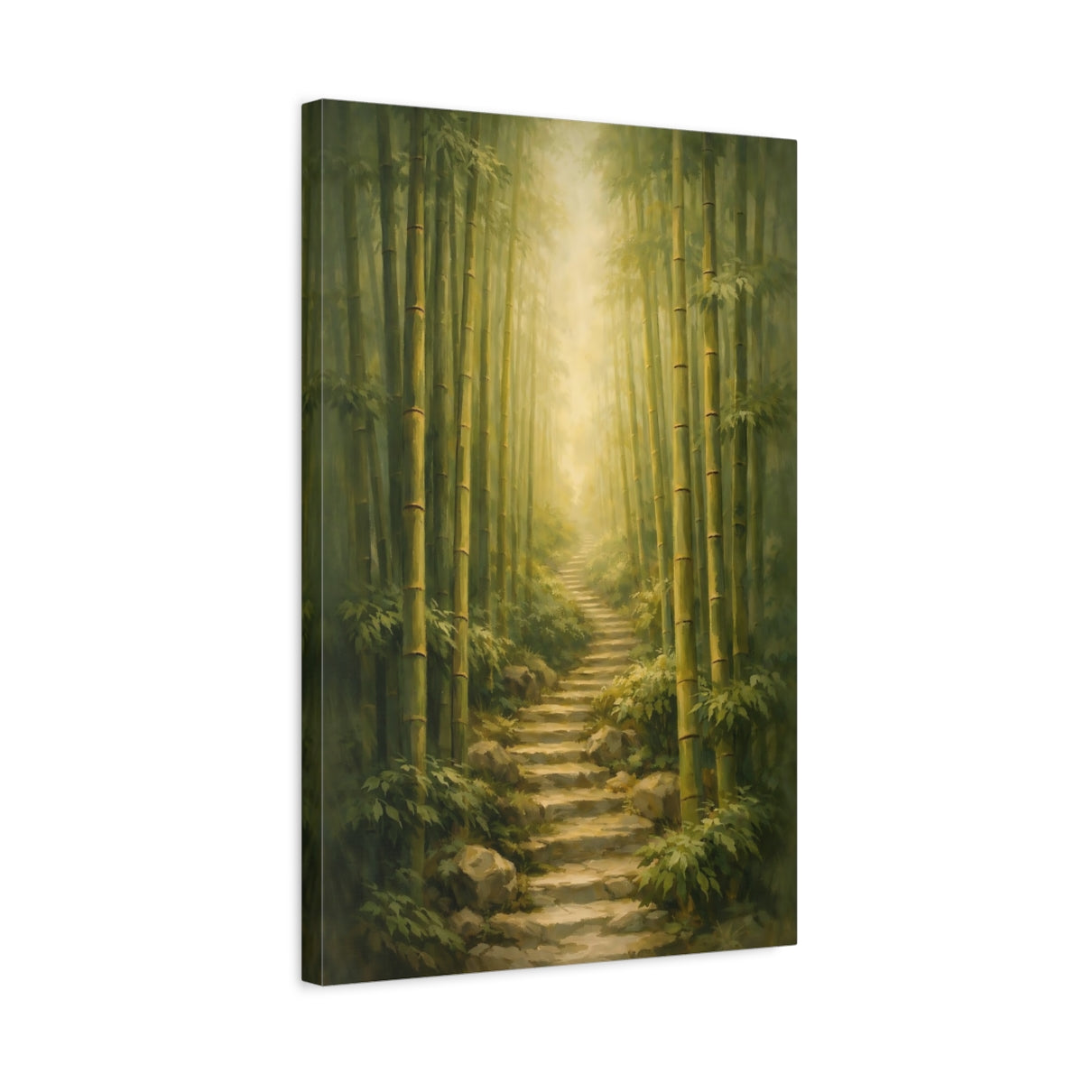 Side Mockup 3. Nature Bamboo Forest Green Bamboo Path shown as stretched canvas wall art