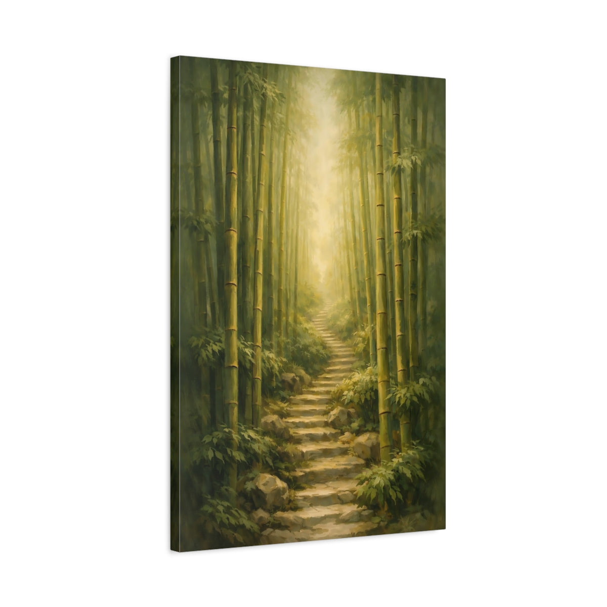 Side Mockup 2. Nature Bamboo Forest Green Bamboo Path shown as stretched canvas wall art