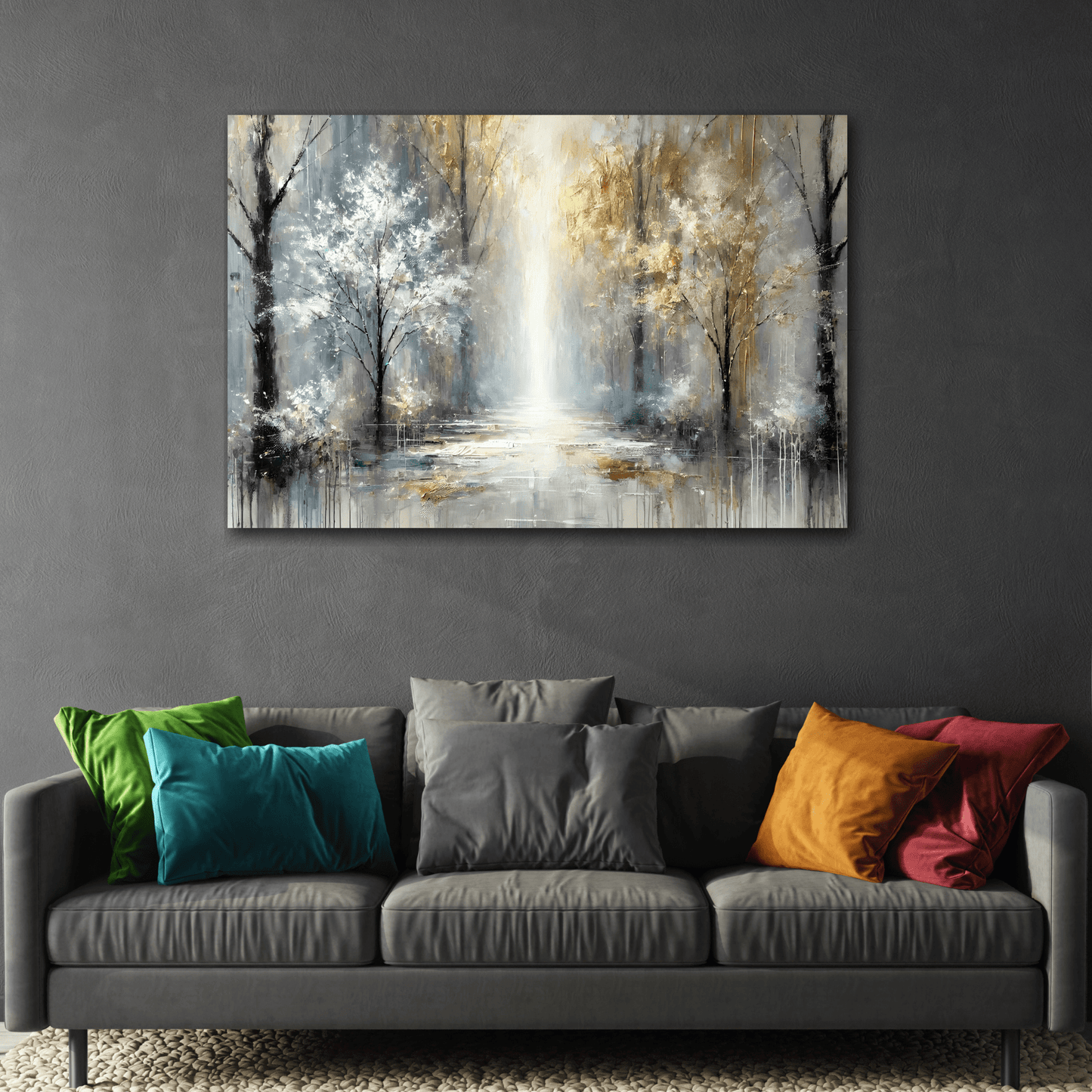 Abstract Gold Silver Trees Canvas Print - Modern Peaceful Forest Wall Art