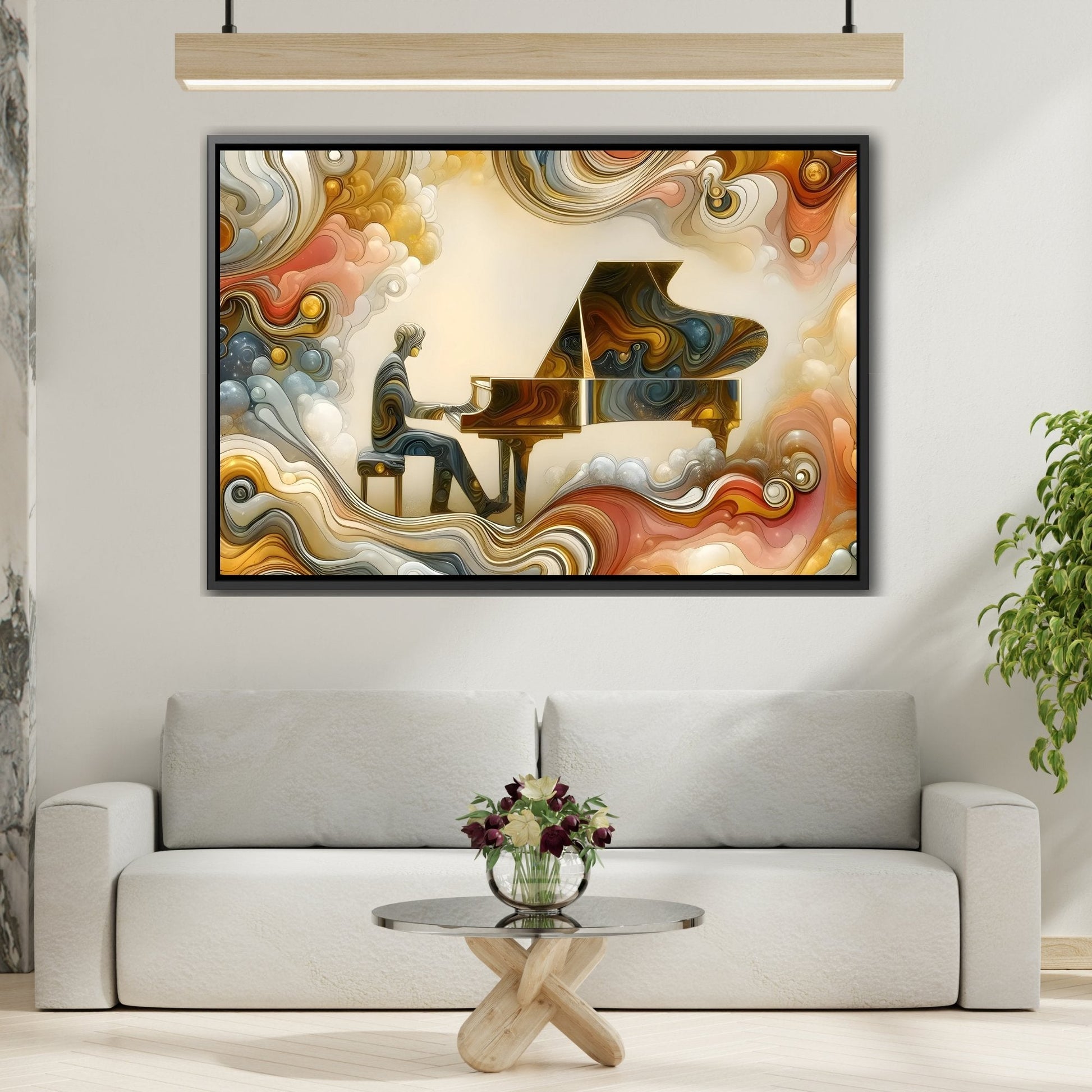 Abstract Grand Piano Canvas Print - Dream Marble in Gold and Cream