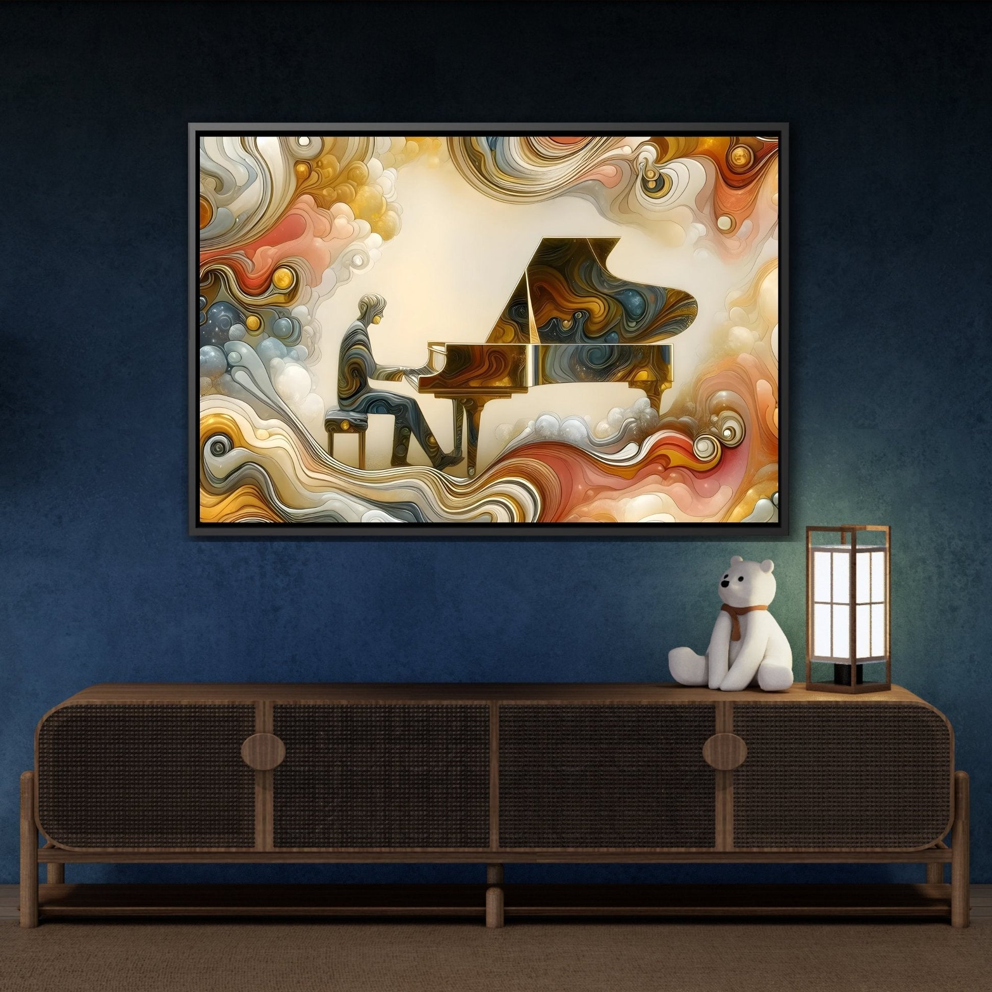 Abstract Grand Piano Canvas Print - Dream Marble in Gold and Cream