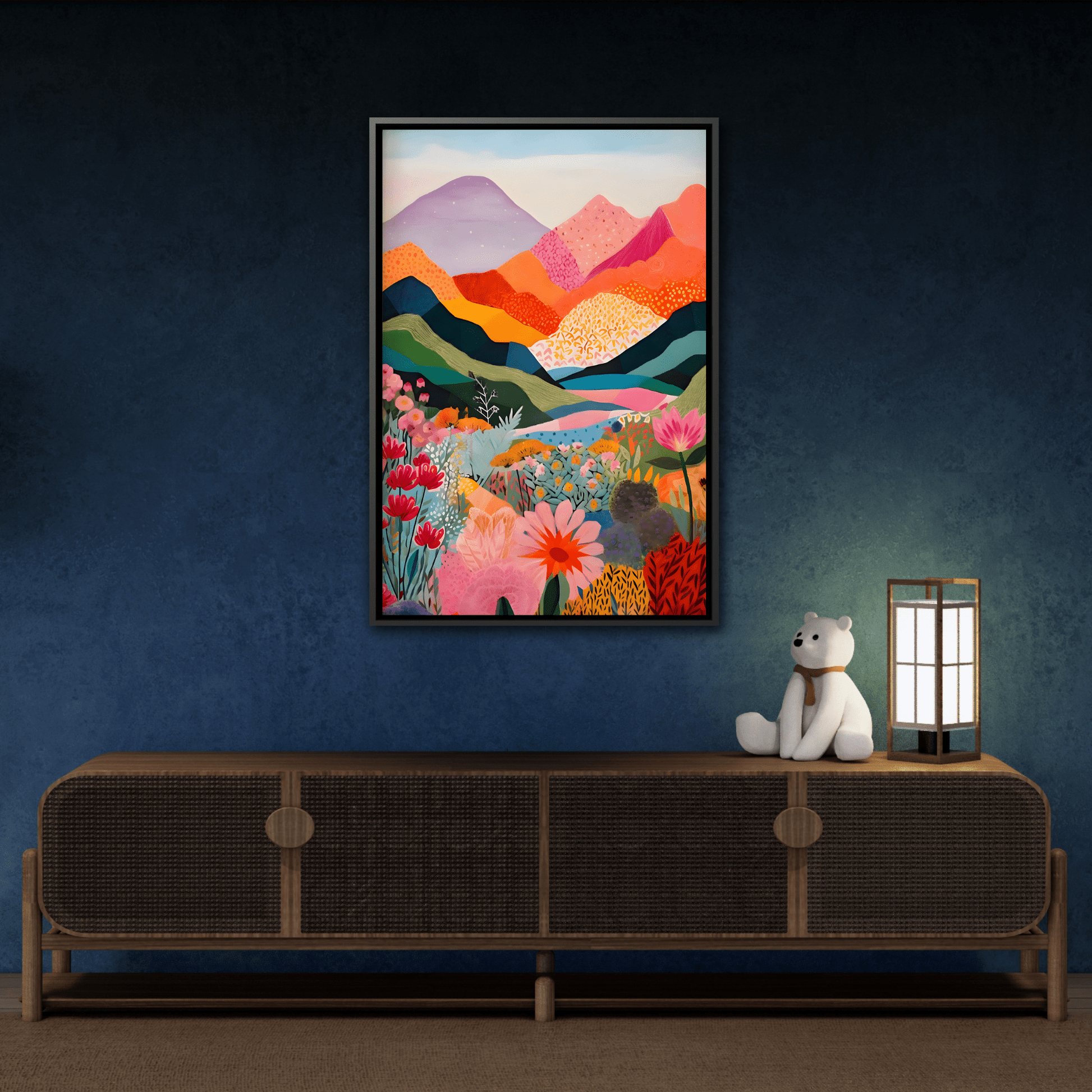 Abstract Mountain Artwork Canvas Wall Art – Colorful Floral Illustration Print